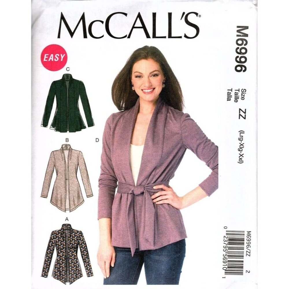 McCall's M6996 Misses L to XXL Easy Jacket and Belt Uncut Sewing Pattern New